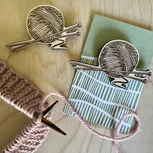 Knitting laser etched wooden brooch