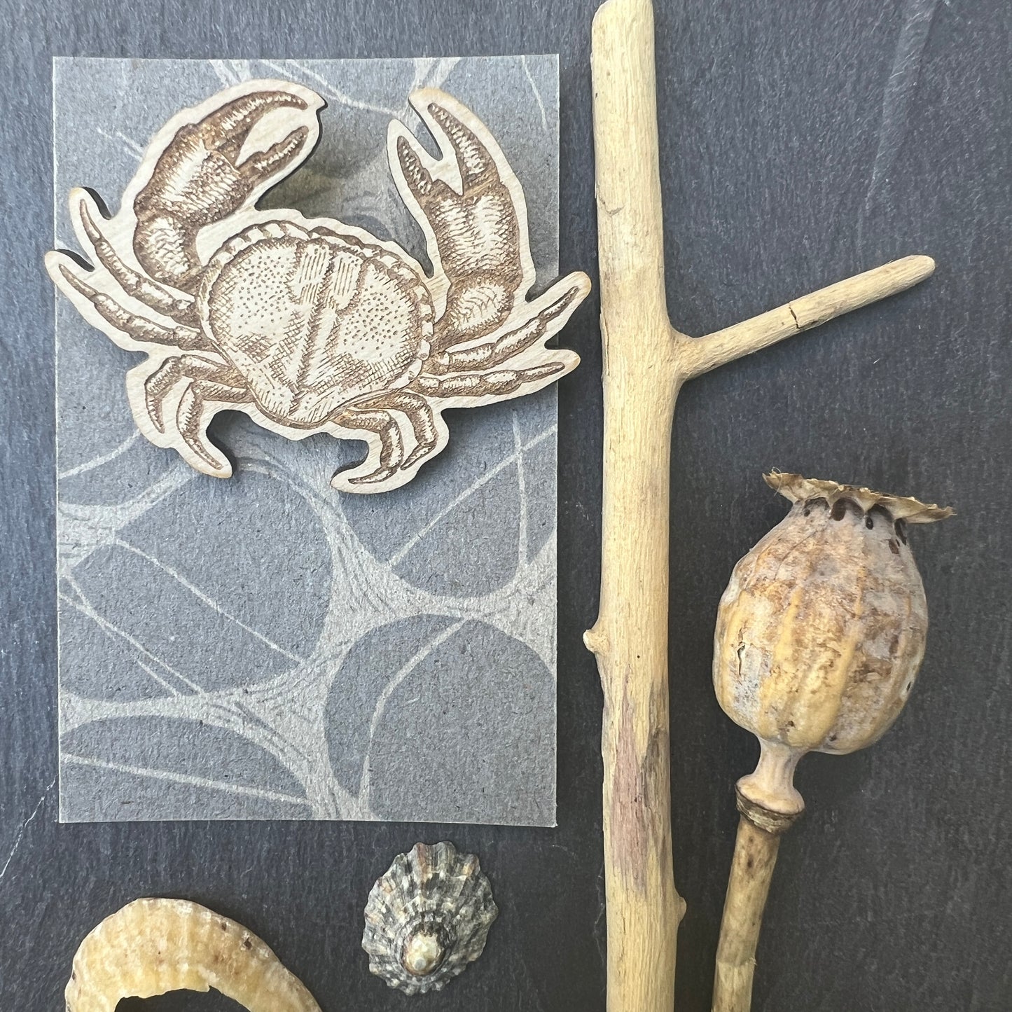 Crab etched wooden badge
