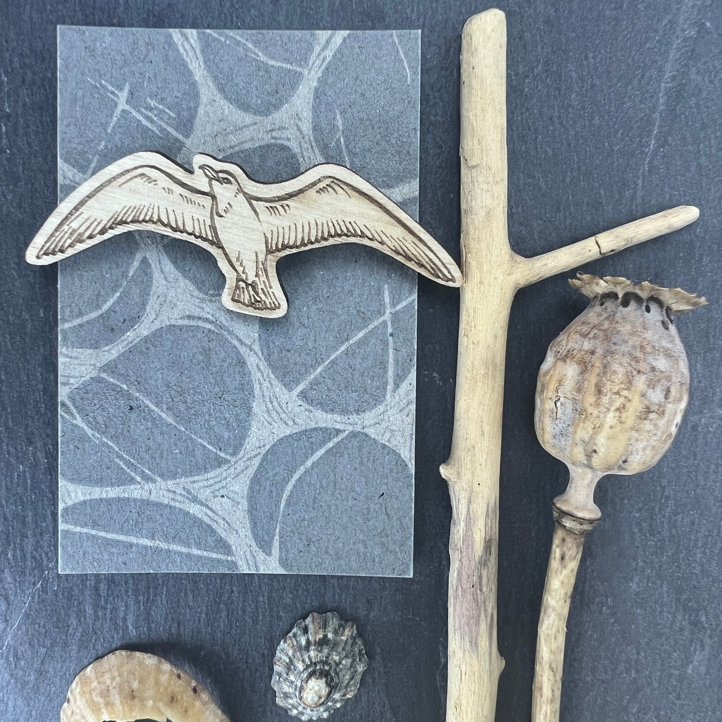 Seagull etched wooden badge