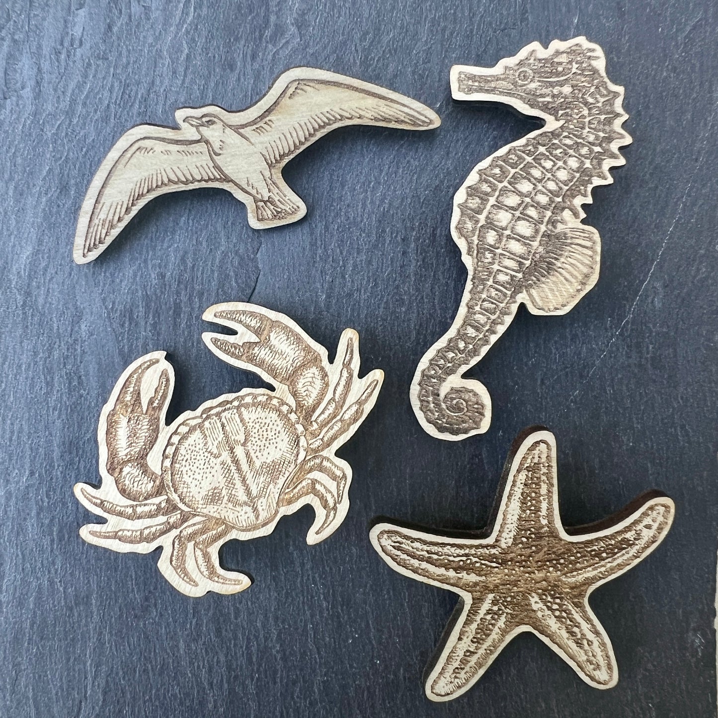 Starfish etched wooden badge