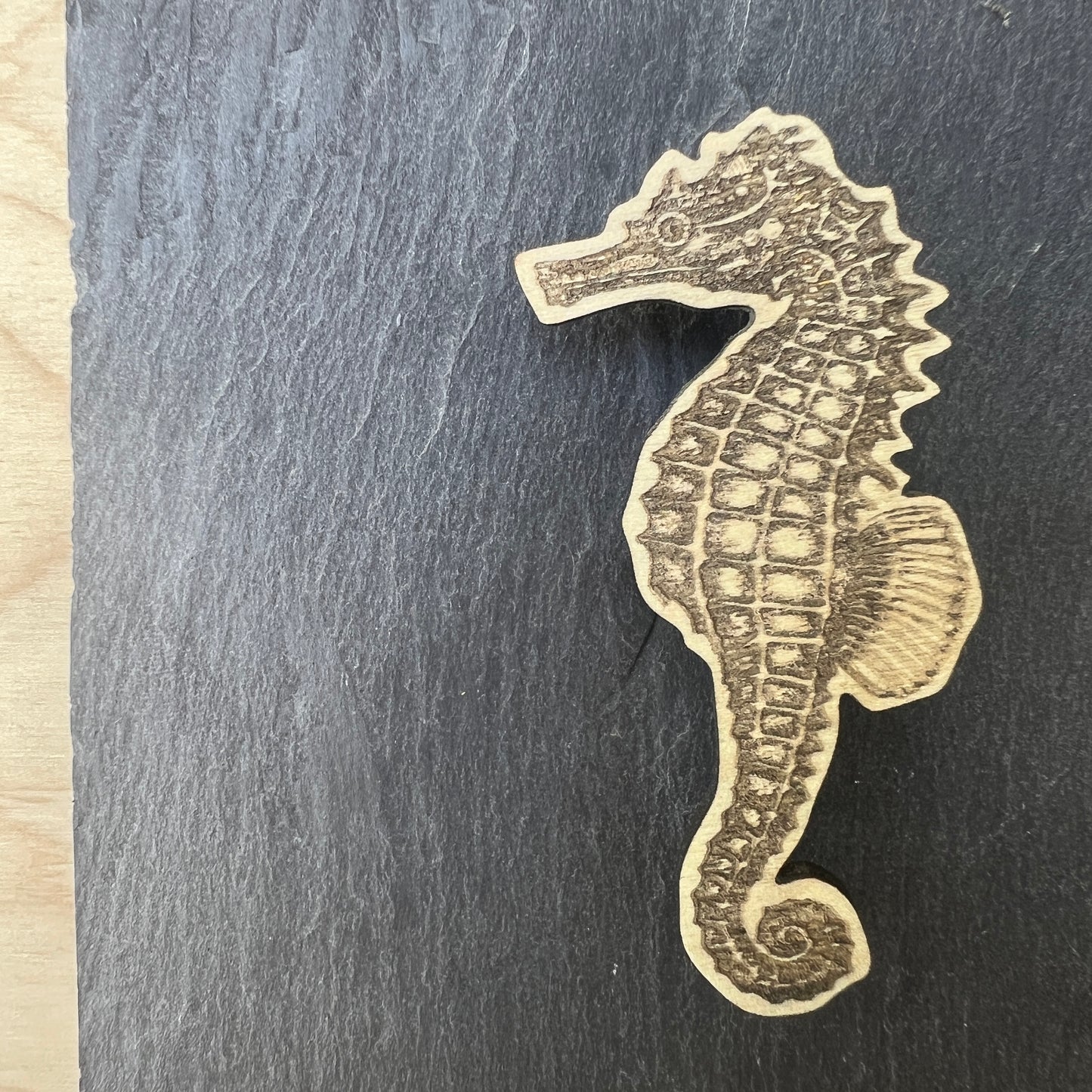 Seahorse etched wooden badge