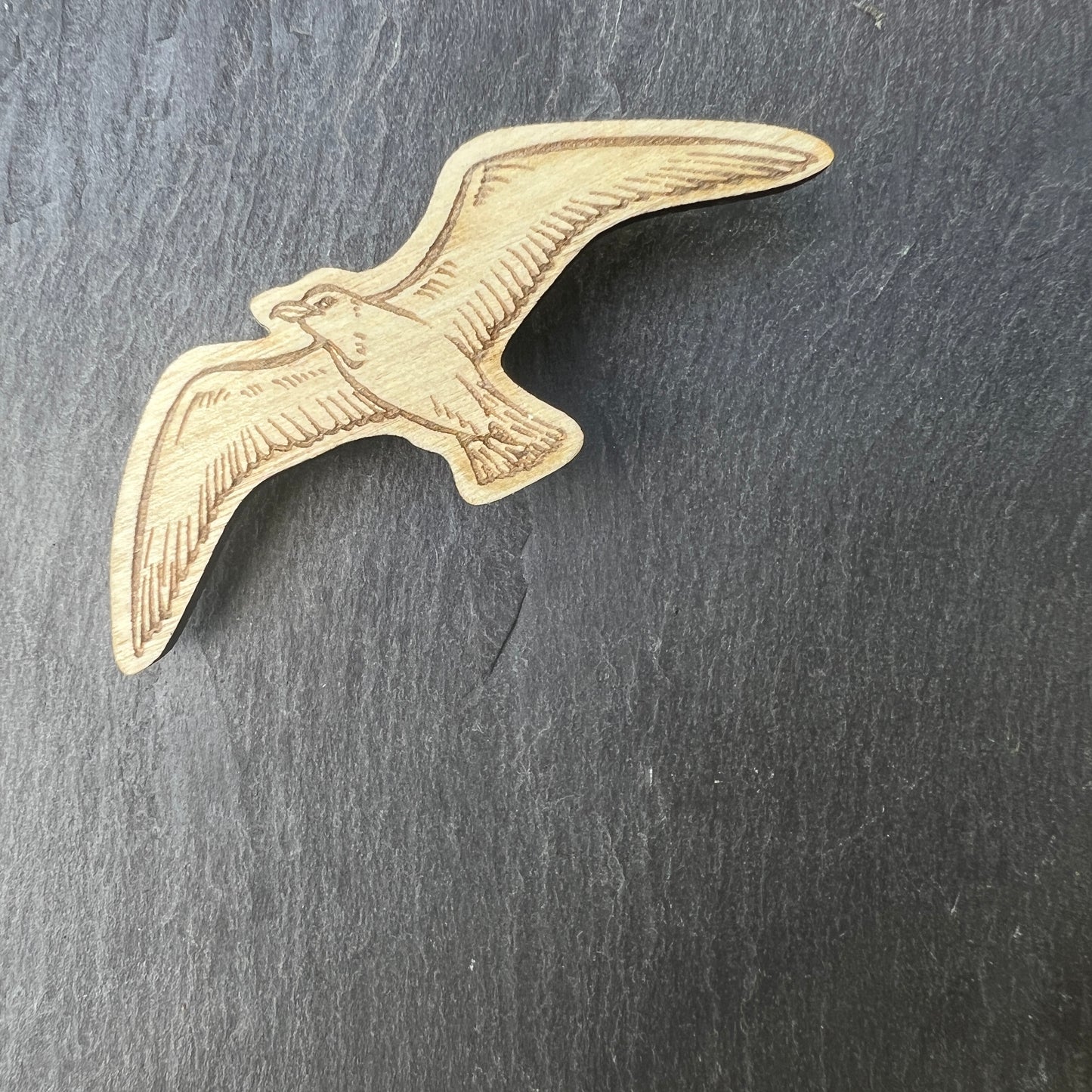 Seagull etched wooden badge