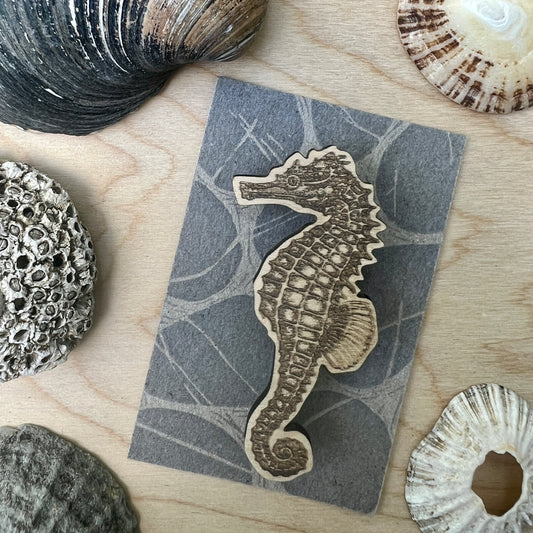 Seahorse etched wooden badge