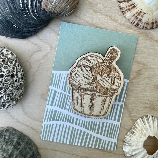 Ice cream tub etched wooden badge
