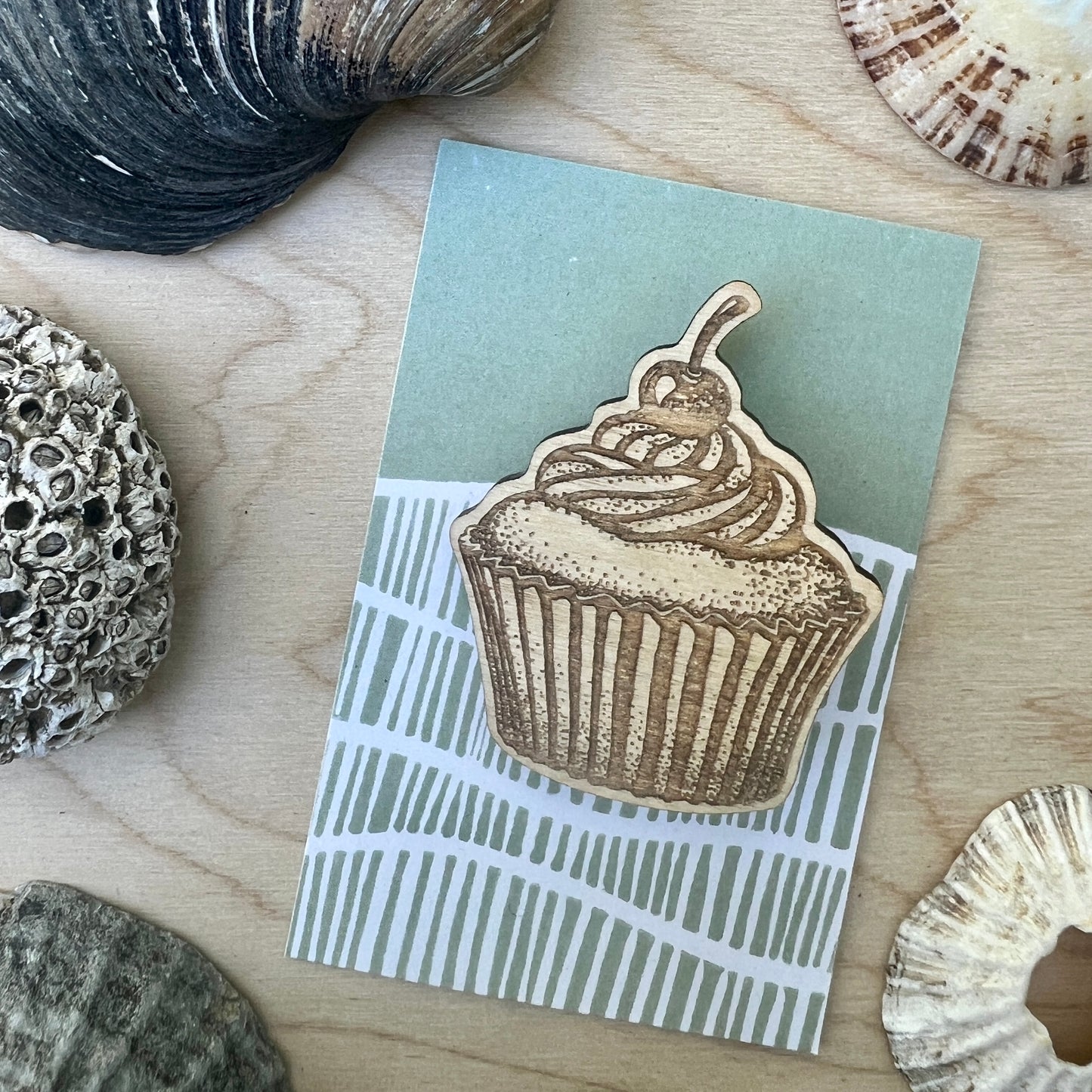 Cupcake etched wooden badge