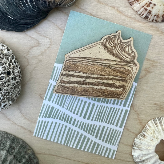 Cake slice etched wooden badge