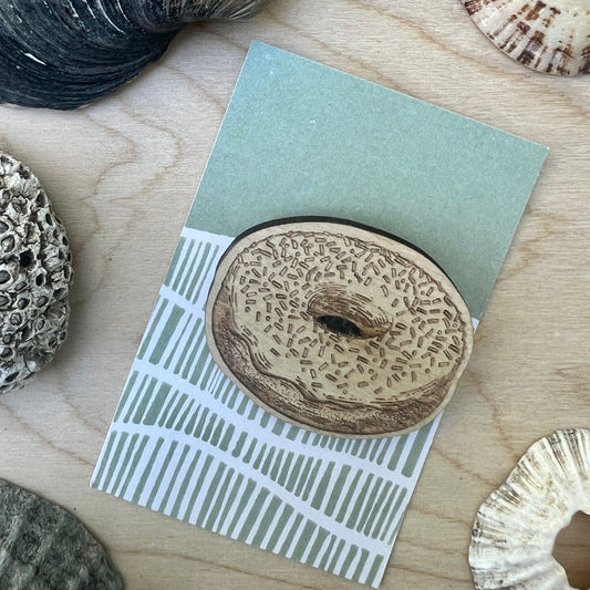Doughnut etched wooden badge