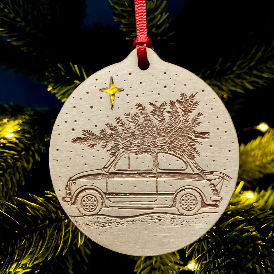 Classic Fiat 500 Abarth laser etched Christmas bauble