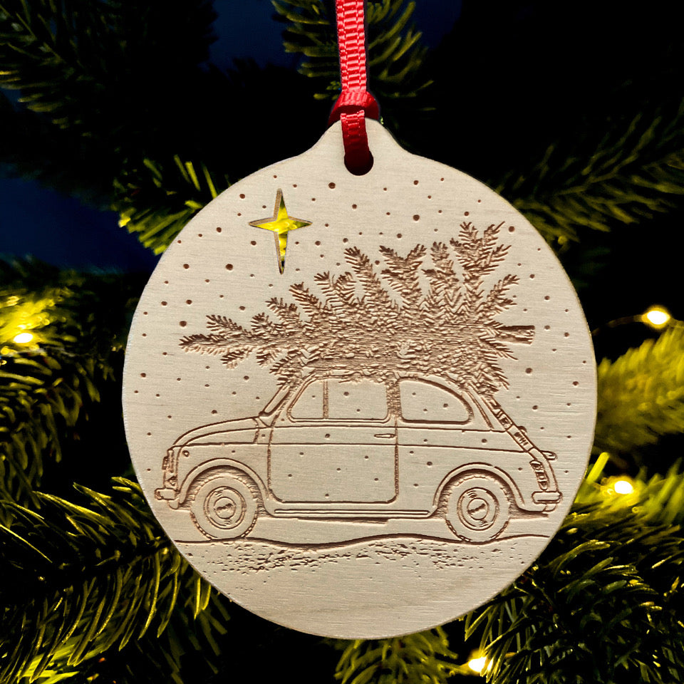 Classic Fiat 500 laser etched Christmas bauble