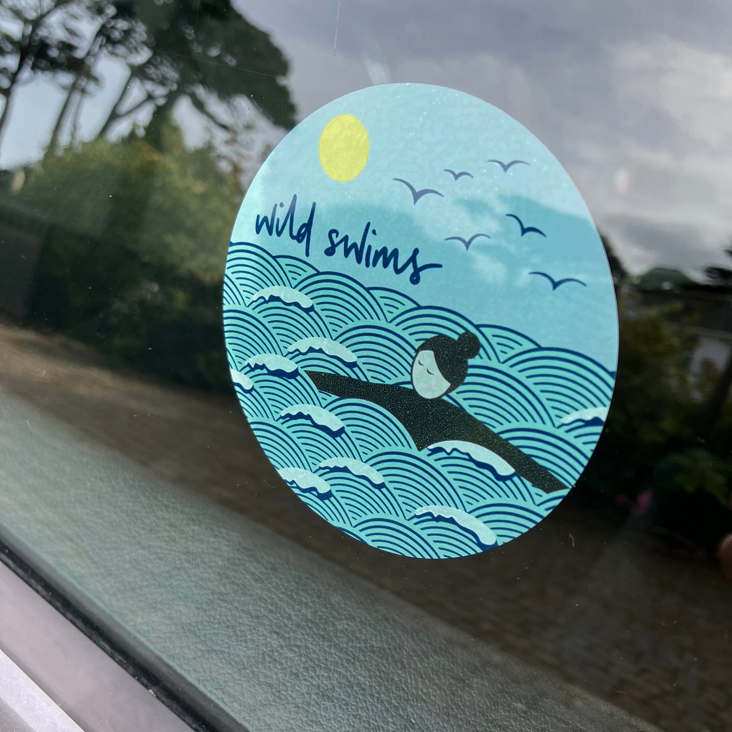 Wild swims self cling window sticker