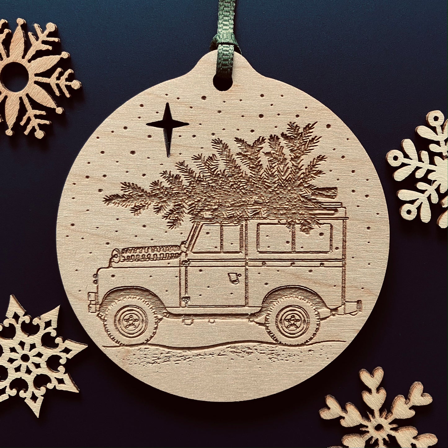 Classic Land Rover laser etched Christmas bauble