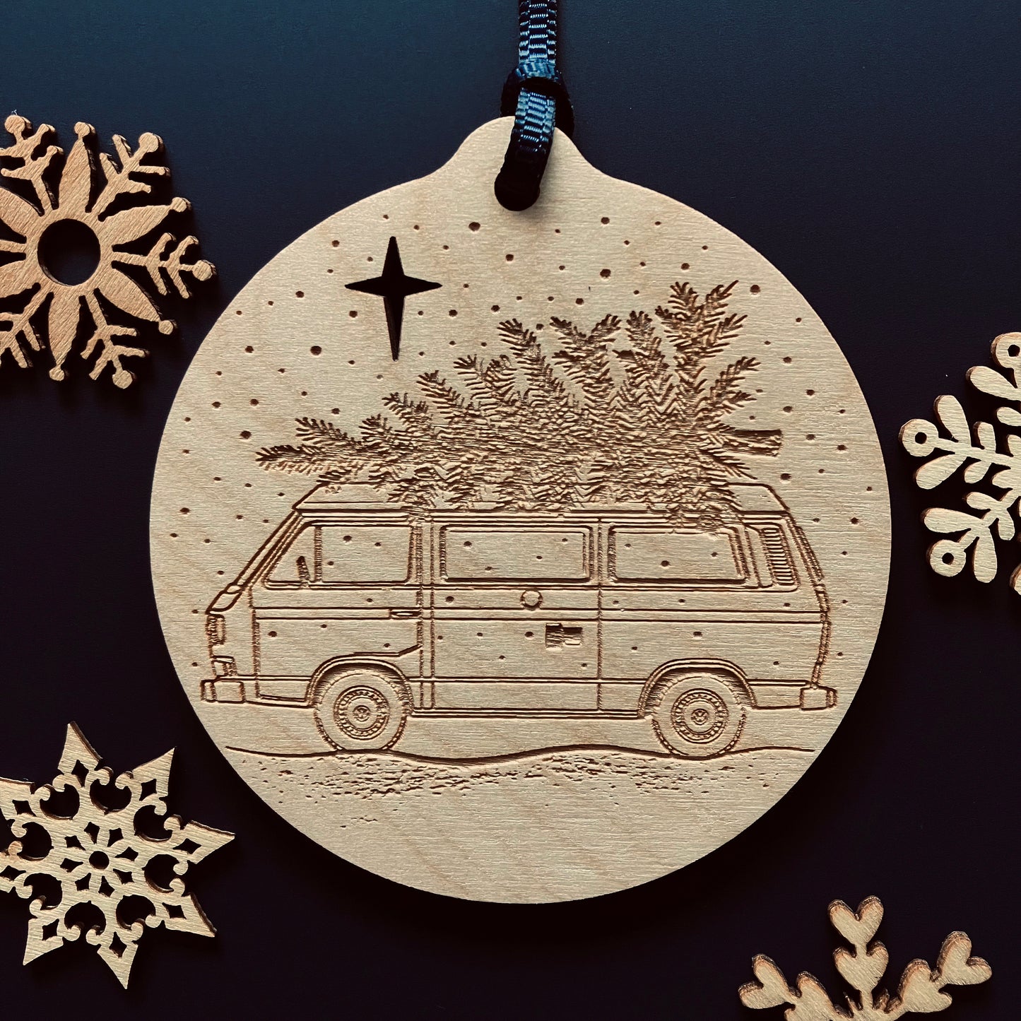 Classic Volkswagen T25 Westfalia campervan laser etched Christmas bauble