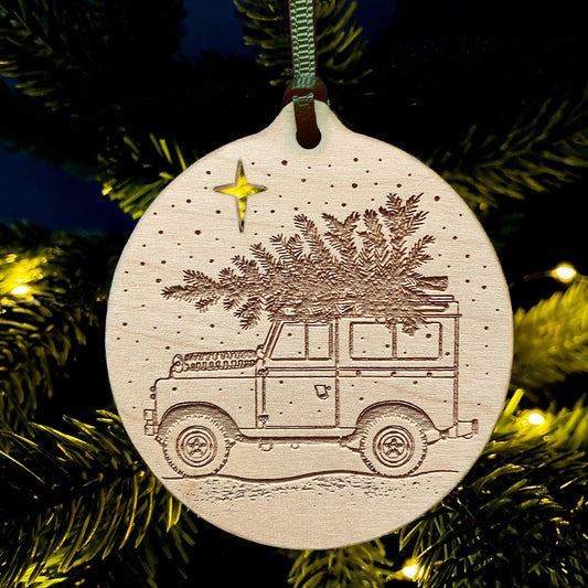 Classic Land Rover laser etched Christmas bauble