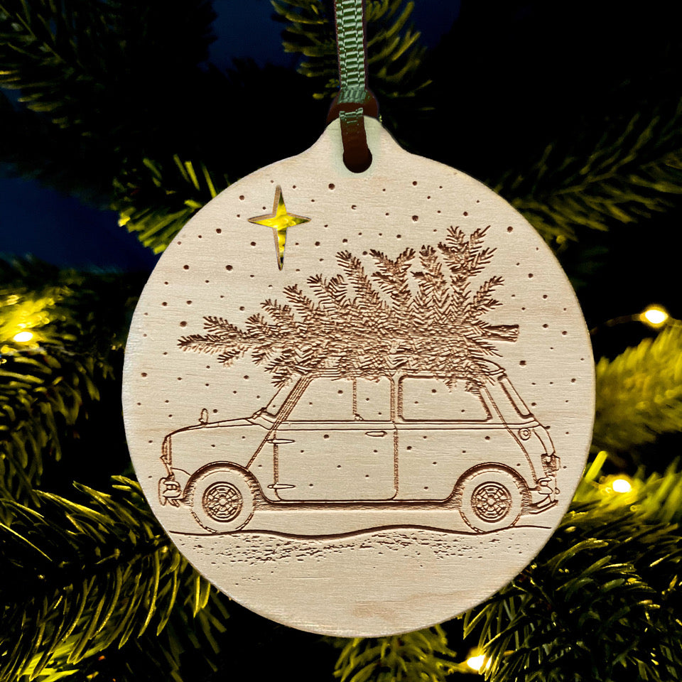Classic Mini laser etched Christmas bauble