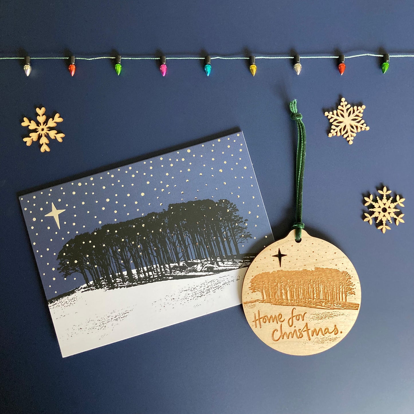 Home for Christmas 'nearly home trees' bauble and Christmas card set