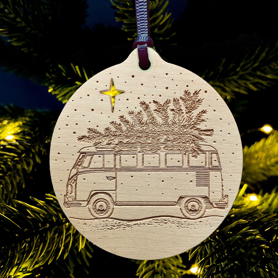Classic Volkswagen T1 Samba laser etched Christmas bauble