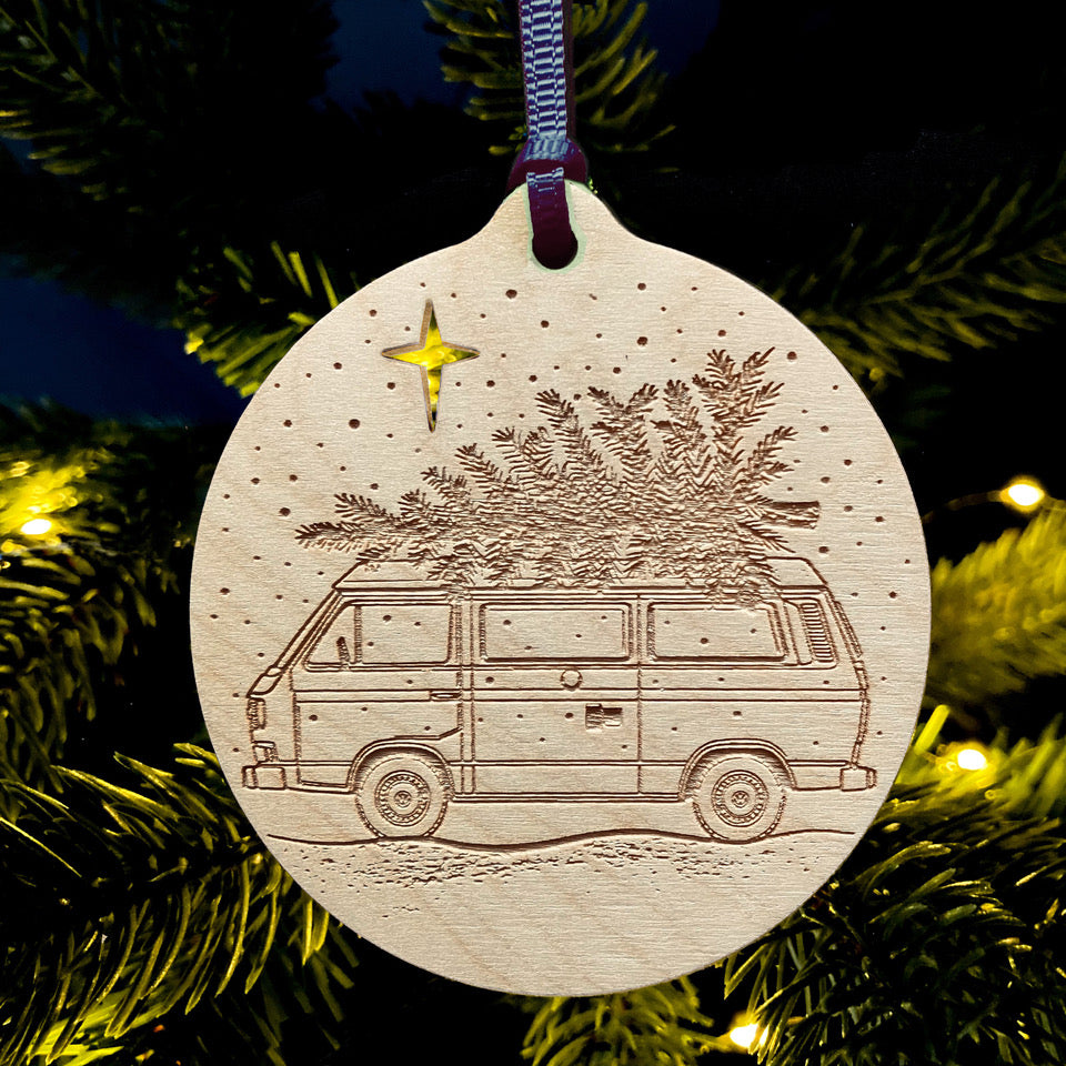 Classic Volkswagen T25 Westfalia campervan laser etched Christmas bauble