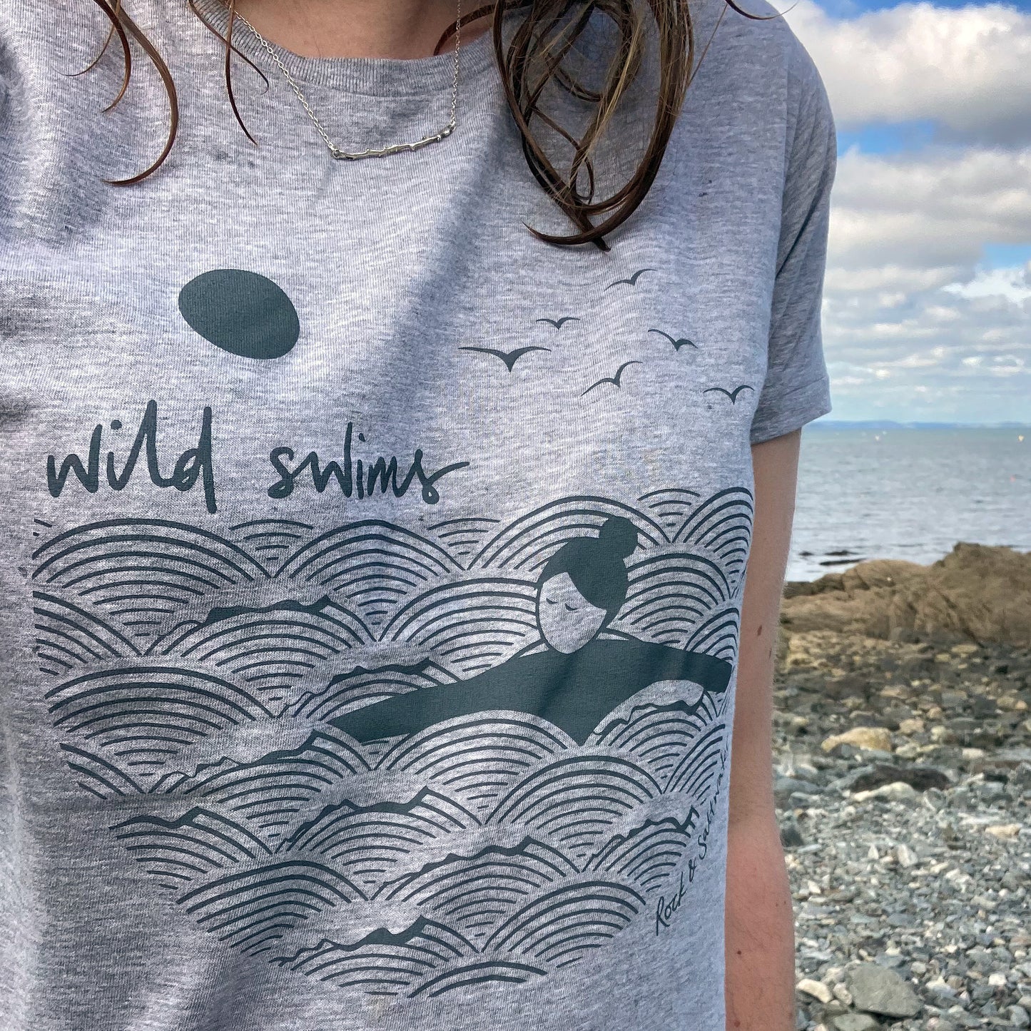Fog grey | organic cotton hand screen printed wild swimming women's t-shirt