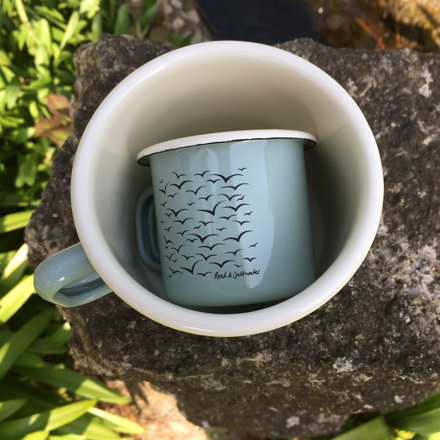Sage green enamel espresso mug | laser etched seagull illustration