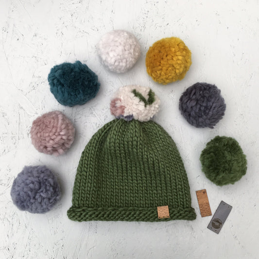Bobble Hat | adult size | moss green | merino wool handknit hat