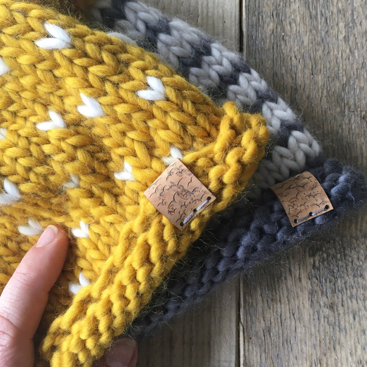Bobble Hat | baby size | mustard yellow heart spot | merino wool handknit hat