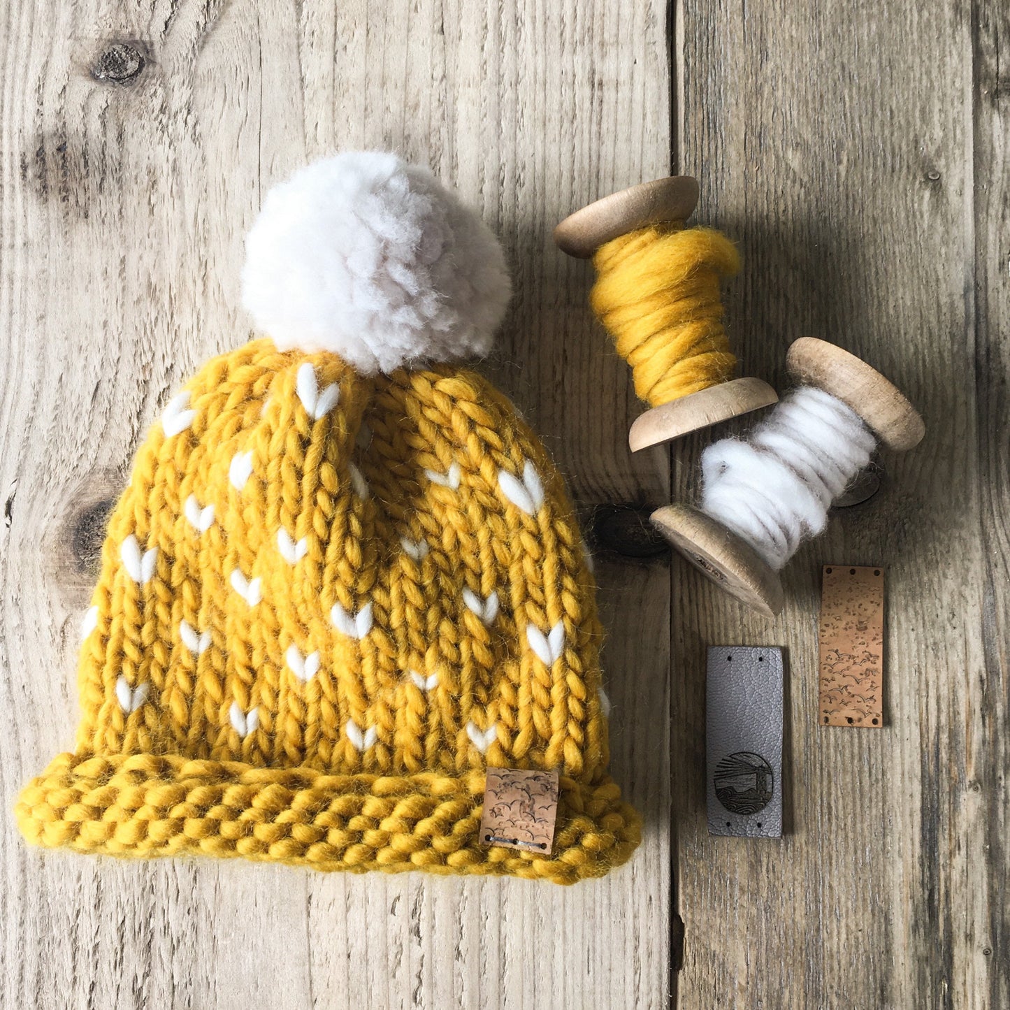 Bobble Hat | baby size | mustard yellow heart spot | merino wool handknit hat