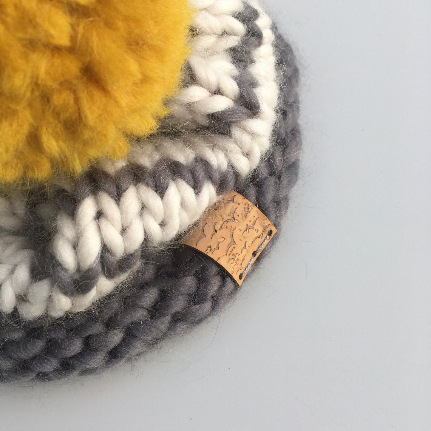Bobble Hat | baby size | striped grey and yellow | merino wool handknit hat