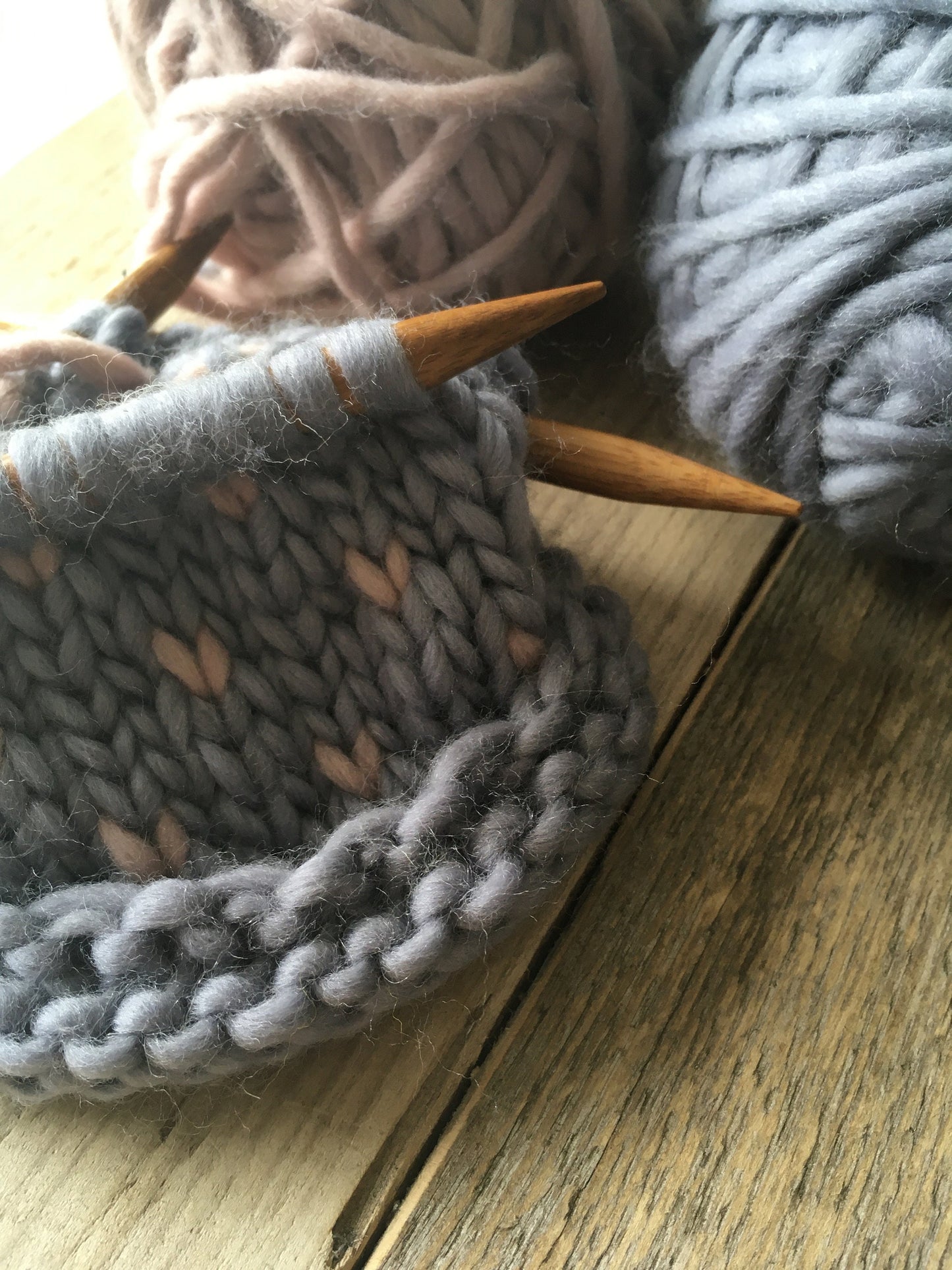 Bobble Hat | baby size | grey and pink heart spot | merino wool handknit hat