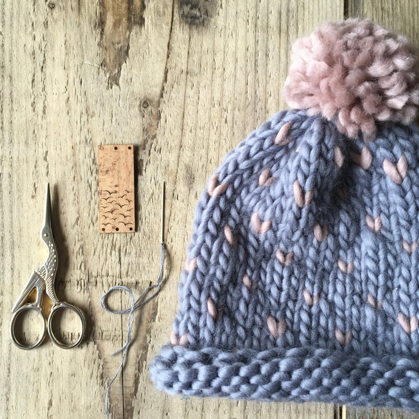 Bobble Hat | baby size | grey and pink heart spot | merino wool handknit hat