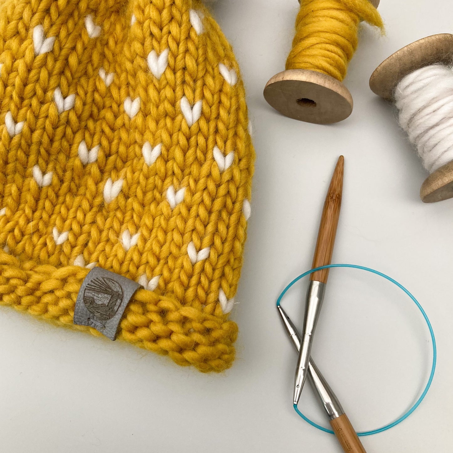 Bobble Hat | adult size | mustard yellow heart spot | merino wool handknit hat