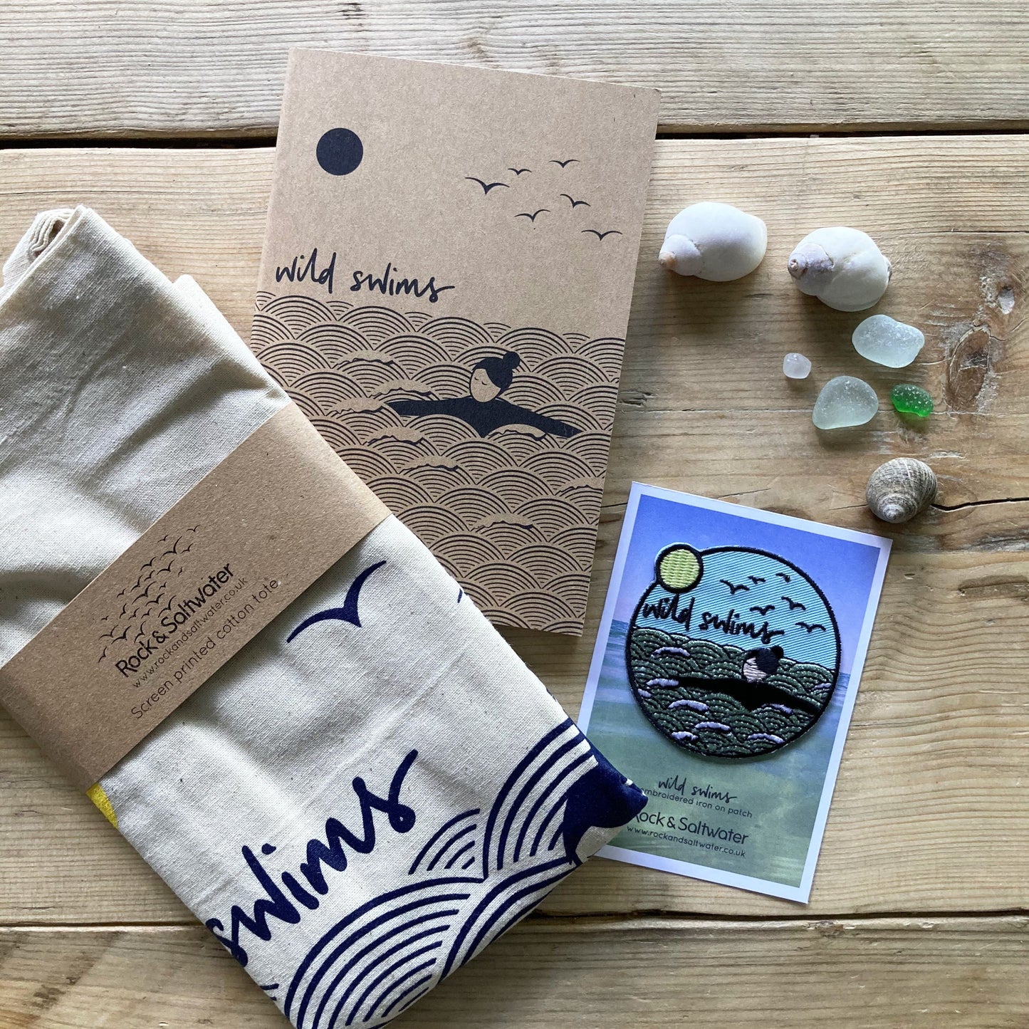 Gift bundle | wild swims embroidered patch badge, A6 notebook and screen printed tote bag set
