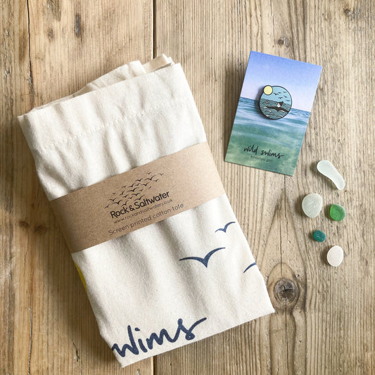 Gift bundle | wild swims enamel pin badge and screen printed tote bag set