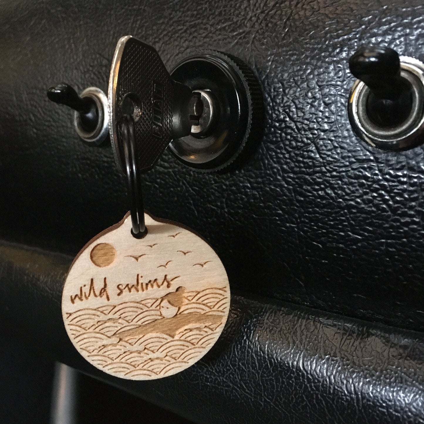Wild swims key fob with ring | laser cut and etched birch plywood