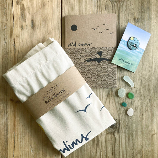 Gift bundle | wild swims enamel pin badge, A6 notebook and screen printed tote bag set