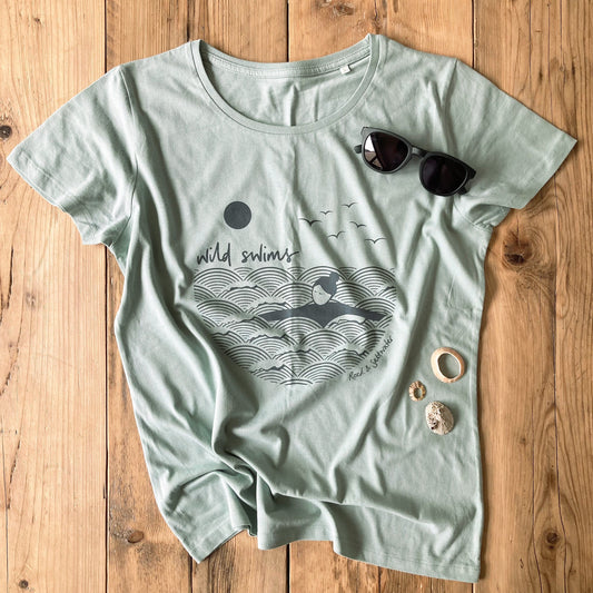 Summer green screen printed wild swimming women's t-shirt