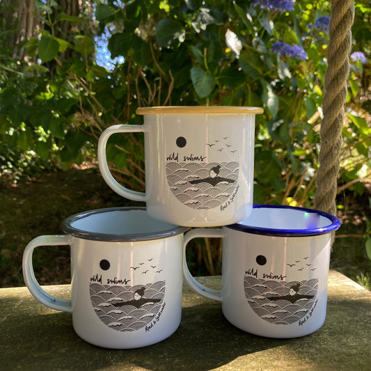 Wild swimming enamel mugs | yellow, blue or grey rim